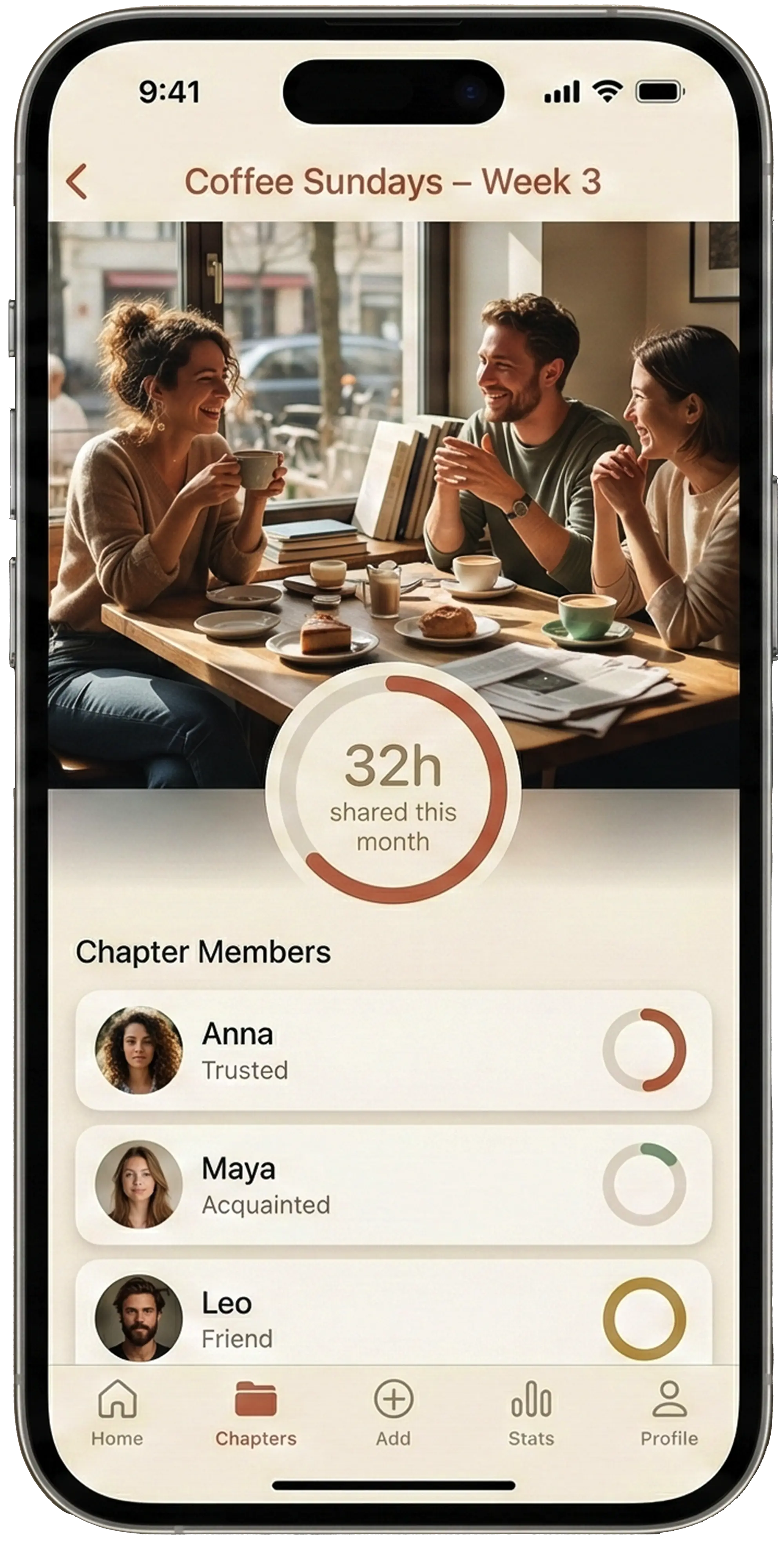 Roonda app mockup showing a recurring chapter, shared hours, and relationship progress.